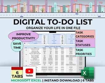 To Do List Tracker Task Planner Excel To Do List Template Productivity Planner Daily Checklist 2024 2025 Digital Life Organizer Weekly Tasks