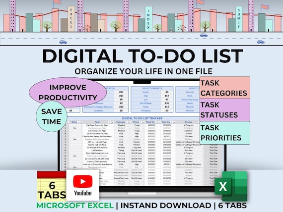 To Do List Tracker Task Planner Excel To Do List Template Productivity Planner Daily Checklist 2024 2025 Digital Life Organizer Weekly Tasks