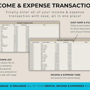 Peut inclure: Capture d'&eacute;cran d'un &eacute;cran d'ordinateur montrant un programme de tableur avec deux onglets intitul&eacute;s "Transactions de d&eacute;penses" et "Transactions de revenus". La feuille de calcul est utilis&eacute;e pour suivre les revenus et les d&eacute;penses des propri&eacute;t&eacute;s locatives. L'image comprend du texte qui dit "G&eacute;rez et organisez facilement tous vos revenus et d&eacute;penses locatifs en un seul endroit !"