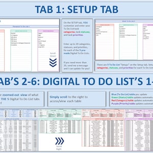 May include: A digital to-do list template with five tabs. The first tab is labeled "Setup Tab" and allows you to customize categories, statuses, and priorities for each list. The remaining tabs are labeled "Digital To Do List's 1-5" and show a zoomed-out view of the lists.