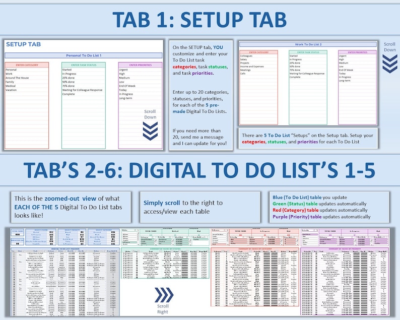 May include: A digital to-do list template with five tabs. The first tab is labeled "Setup Tab" and allows you to customize categories, statuses, and priorities for each list. The remaining tabs are labeled "Digital To Do List's 1-5" and show a zoomed-out view of the lists.