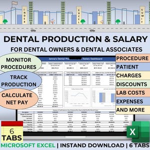 Dental Production Excel Dental Office Dental Spreadsheet Dental Salary Tracker Excel Dental Associate Pay Log Medical Reception Manage Excel