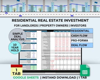 Puede incluir: Una plantilla de hoja de cálculo de Google Sheets para el análisis de inversiones inmobiliarias residenciales. La plantilla incluye pestañas para el análisis simple de un trato, el flujo de caja, la proforma y el flujo de transacciones. La hoja de cálculo está diseñada para propietarios, propietarios de inmuebles e inversores.