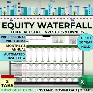 May include: A computer screen displaying an Excel spreadsheet titled "Equity Waterfall" for real estate investors. The spreadsheet includes professional pro-forma, monthly & annual, and automated cash flow data. The image also includes the text "Up to 10 Year Hold".