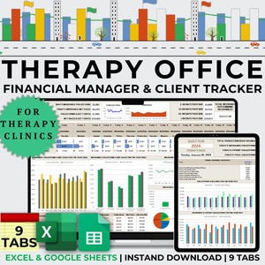 Może przedstawiać: Ekran komputera wyświetlający arkusz kalkulacyjny z kolorowymi wykresami i diagramami. Arkusz kalkulacyjny nosi tytuł "Therapy Office Financial Manager & Client Tracker". Tekst "FOR THERAPY CLINICS" znajduje się w kółku w lewym górnym rogu ekranu. Arkusz kalkulacyjny ma 9 zakładek i jest kompatybilny z programem Excel i arkuszami Google.