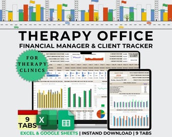 Może przedstawiać: Ekran komputera wyświetlający arkusz kalkulacyjny z kolorowymi wykresami i diagramami. Arkusz kalkulacyjny nosi tytuł "Therapy Office Financial Manager & Client Tracker". Tekst "FOR THERAPY CLINICS" znajduje się w kółku w lewym górnym rogu ekranu. Arkusz kalkulacyjny ma 9 zakładek i jest kompatybilny z programem Excel i arkuszami Google.