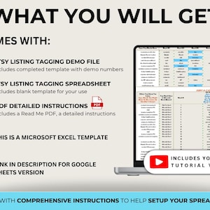 Op de afbeelding: Een afbeelding met de tekst "WAT U ZULT KRIJGEN" en een lijst met inbegrepen items: een Etsy-listing-tagging-demobestand, een spreadsheet, PDF-instructies en een YouTube-tutorialvideo. De afbeelding bevat ook de tekst "DIT IS EEN MICROSOFT EXCEL SJABLOON".