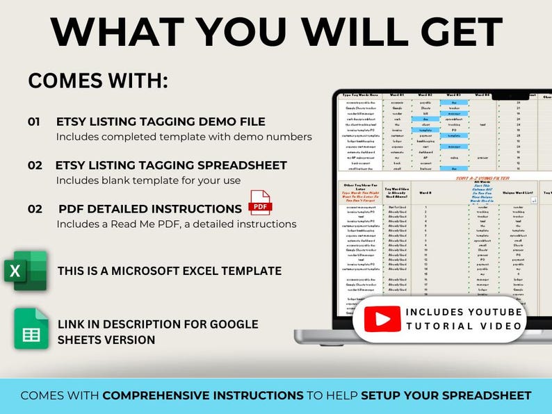 Op de afbeelding: Een afbeelding met de tekst "WAT U ZULT KRIJGEN" en een lijst met inbegrepen items: een Etsy-listing-tagging-demobestand, een spreadsheet, PDF-instructies en een YouTube-tutorialvideo. De afbeelding bevat ook de tekst "DIT IS EEN MICROSOFT EXCEL SJABLOON".