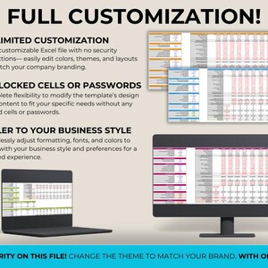Peut inclure: Une capture d'&eacute;cran d'un &eacute;cran d'ordinateur affichant une feuille de calcul avec des cellules et des donn&eacute;es color&eacute;es. Le texte &agrave; l'&eacute;cran indique "FULL CUSTOMIZATION!" et &eacute;num&egrave;re les avantages de l'utilisation de la feuille de calcul, notamment "UNLIMITED CUSTOMIZATION", "NO LOCKED CELLS OR PASSWORDS" et "TAILER TO YOUR BUSINESS STYLE". Le texte en bas de l'&eacute;cran indique "NO SECURITY ON THIS FILE! CHANGE THE THEME TO MATCH YOUR BRAND. WITH ONE CLICK!"
