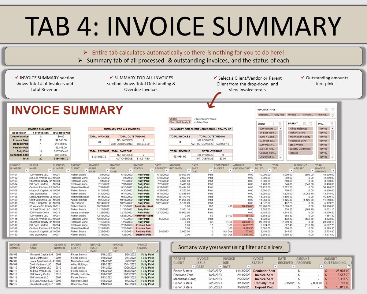 Excel Receivables, Invoicing, & Billing Management, Invoice Tracker