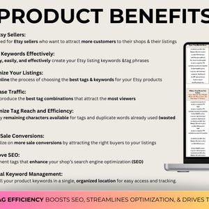 Op de afbeelding: Afbeelding met "PRODUCTVOORDELEN" voor Etsy-verkopers, met functies zoals trefwoordtracking en SEO-verbetering. Een laptop toont een spreadsheet. Tekst onderaan: "ETSY TAG EFFICIENCY..."