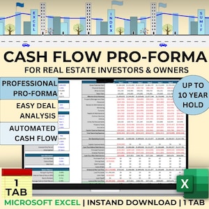 May include: A computer screen displaying a spreadsheet with the title "Cash Flow Pro-Forma for Real Estate Investors & Owners". The spreadsheet is in Microsoft Excel and has a 10-year projection. The spreadsheet is divided into sections, including "Professional Pro-Forma", "Easy Deal Analysis", and "Automated Cash Flow".