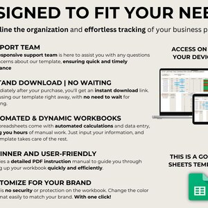 K&ouml;nnte beinhalten: Ein wei&szlig;er Hintergrund mit einer blauen und gr&uuml;nen Grafik einer Tabellenkalkulation. Der Text "DESIGNED TO FIT YOUR NEEDS" befindet sich oben im Bild. Der Text "Streamline the organization and effortless tracking of your business projects!" befindet sich unter dem Titel. Der Text "SUPPORT TEAM" befindet sich in einem blauen Kasten mit einem wei&szlig;en Symbol einer Person. Der Text "INSTAND DOWNLOAD | NO WAITING" befindet sich in einem gelben Kasten mit einem wei&szlig;en Symbol eines Downloads. Der Text "AUTOMATED & DYNAMIC WORKBOOKS" befindet sich in einem gr&uuml;nen Kasten mit einem wei&szlig;en Symbol eines Computers. Der Text "BEGINNER AND USER-FRIENDLY" befindet sich in einem blauen Kasten mit einem wei&szlig;en Symbol einer Person. Der Text "CUSTOMIZE FOR YOUR BRAND" befindet sich in einem gelben Kasten mit einem wei&szlig;en Symbol eines Dollarzeichens. Der Text "ACCESS ON ALL YOUR DEVICES" befindet sich in einem blauen Kasten. Der Text "THIS IS A GOOGLE SHEETS TEMPLATE" befindet sich in einem blauen Kasten. Ein gr&uuml;ner Kasten mit einem wei&szlig;en Symbol einer Tabellenkalkulation befindet sich unter dem Text.
