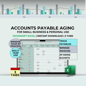 Può includere: Foglio di calcolo per l'invecchiamento dei conti fornitori per Microsoft Excel. Il modello digitale include tre schede per tracciare i pagamenti e gestire le fatture. Il testo include ACCOUNTS PAYABLE AGING, MANAGE YOUR AP PROCESS, MULTI YEAR USE, TRACK PAYABLES, MANAGE INVOICES e AP AGING BUCKETS.