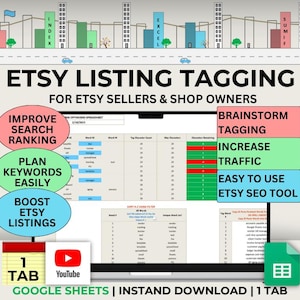 May include: A colorful graphic with the text "Etsy Listing Tagging" and "For Etsy Sellers & Shop Owners". The graphic features a spreadsheet with the text "Tag Optimizing Spreadsheet" and a list of keywords. The graphic also includes a list of benefits of using the spreadsheet, such as "Improve Search Ranking", "Plan Keywords Easily", and "Boost Etsy Listings". The graphic also includes a list of benefits of using the spreadsheet, such as "Brainstorm Tagging", "Increase Traffic", and "Easy to Use Etsy SEO Tool". The graphic also includes a YouTube logo and the text "Google Sheets | Instant Download | 1 Tab".