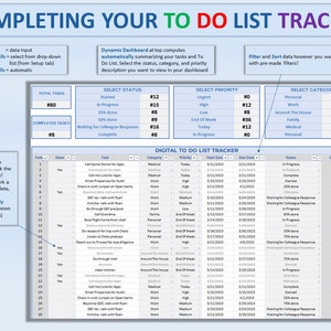 May include: A digital to-do list tracker spreadsheet with a blue and gray color scheme. The spreadsheet includes columns for task, done, task description, category, priority, start date, due date, status, and days until due. The spreadsheet is titled "Digital To Do List Tracker".
