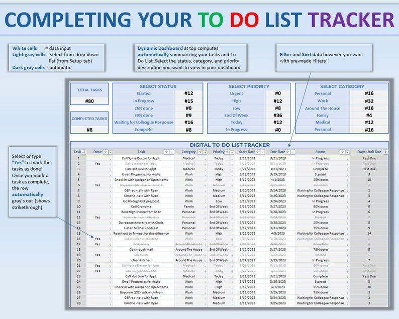 May include: A digital to-do list tracker spreadsheet with a blue and gray color scheme. The spreadsheet includes columns for task, done, task description, category, priority, start date, due date, status, and days until due. The spreadsheet is titled "Digital To Do List Tracker".