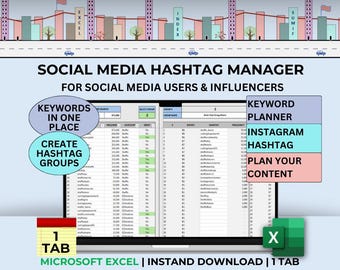 Social Media Excel Hashtag Planner Excel Template Keyword Manager List Content Planner Excel Facebook Social Calendar Instagram Post