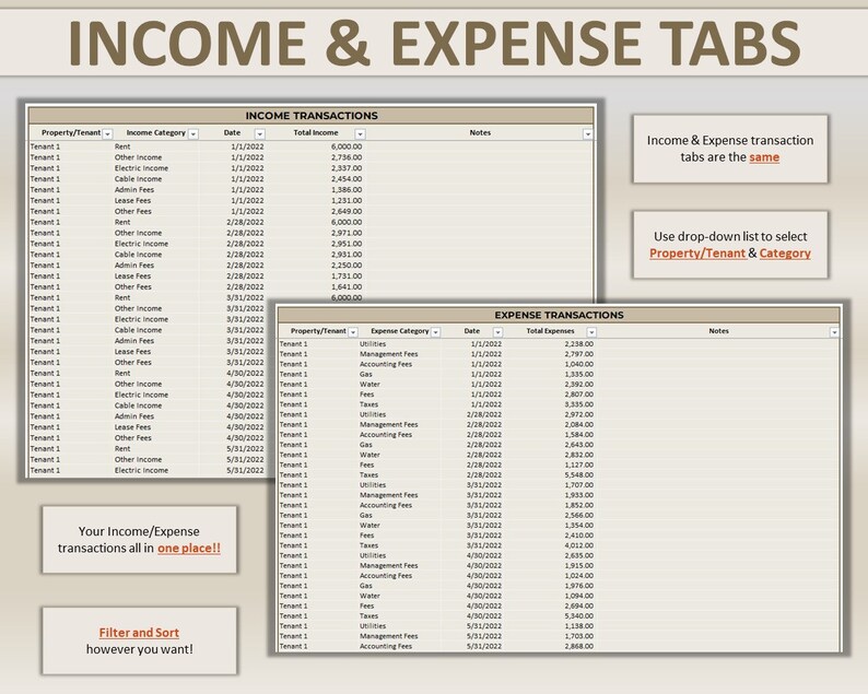 Rental income expense excel spreadsheet 20 tenants properties real