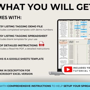 K&ouml;nnte beinhalten: Eine wei&szlig;e und blaue Grafik mit dem Text "WHAT YOU WILL GET" und "COMES WITH:" Die Grafik listet den Inhalt einer Etsy-Listing-Tagging-Spreadsheet-Vorlage auf, darunter eine Demodatei, eine Tabellenkalkulation, detaillierte Anweisungen und ein YouTube-Tutorial-Video. Die Grafik gibt auch an, dass die Vorlage eine Google Sheets-Vorlage ist und dass eine Microsoft Excel-Version verf&uuml;gbar ist.