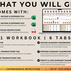 Peut inclure: Une image num&eacute;rique d'un &eacute;cran d'ordinateur portable affichant une feuille de calcul avec un graphique &agrave; barres color&eacute;. Le texte "WHAT YOU WILL GET" est en haut de l'image. Le texte "COMES WITH" est sous le titre. L'image r&eacute;pertorie le contenu d'un classeur de revenus et de d&eacute;penses locatives, y compris un onglet de configuration, un onglet de transactions de revenus, un onglet de transactions de d&eacute;penses, un onglet de tableau de bord r&eacute;capitulatif des revenus, un onglet de tableau de bord r&eacute;capitulatif des d&eacute;penses et un onglet de tableau de bord r&eacute;capitulatif des profits et des pertes. Le texte "1 WORKBOOK | 6 TABS" est au milieu de l'image. Le texte "COMES WITH COMPREHENSIVE INSTRUCTIONS TO HELP SETUP YOUR SPREADSHEET" est en bas de l'image.