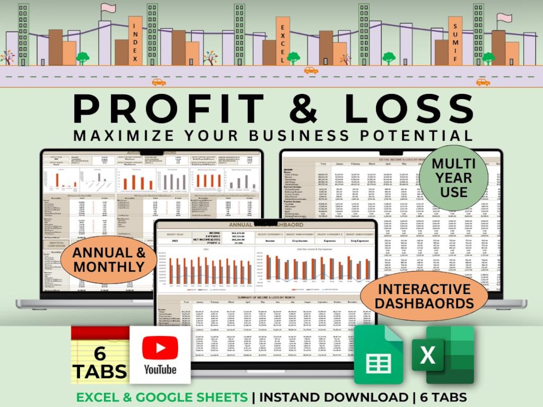 Profit and Loss Template Excel Monthly and Annual Dashboard Tracker ...