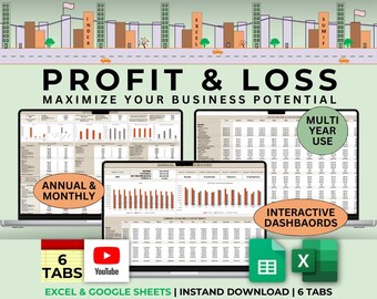 Profit and Loss Template Excel Monthly and Annual Dashboard Tracker Expense and Income Spreadsheet Transaction Manager revenue & expense NOI
