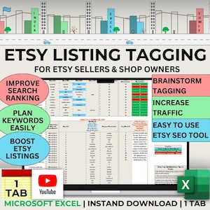 May include: An Etsy listing tagging tool displayed on a computer screen. The image includes text that reads "ETSY LISTING TAGGING" and "FOR ETSY SELLERS & SHOP OWNERS." Additional text includes "IMPROVE SEARCH RANKING," "PLAN KEYWORDS EASILY," and "BOOST ETSY LISTINGS."