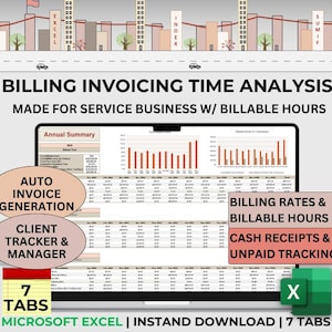 Billable Hour Tracker Excel Client Time Spreadsheet Rate Calculator for Small Business Invoice Manager for Service Business Fillable Hour