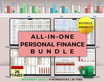 May include: A computer screen displaying a Microsoft Excel spreadsheet with the text "ALL-IN-ONE PERSONAL FINANCE BUNDLE" in a pink box. The spreadsheet has 26 tabs and is labeled "MICROSOFT EXCEL | 4 WORKBOOKS | 26 TABS".