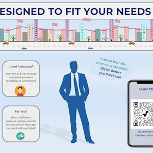 May include: A blue illustration of a person standing with hands in pockets. The person is wearing a suit and tie. The image has a blue background with text that says "Designed to fit your needs". The text also says "Need Assistance? Send me an Etsy message anytime if you have questions or comments!" and "For You! Want a different color, or updates specific to your needs? Message me and I will send ASAP". There is a QR code in the bottom right corner of the image with the text "SCAN ME" and "Or see link in the description!!".