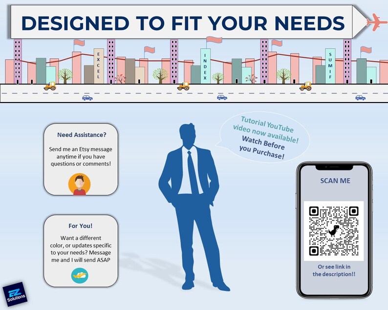 May include: A blue illustration of a person standing with hands in pockets. The person is wearing a suit and tie. The image has a blue background with text that says "Designed to fit your needs". The text also says "Need Assistance? Send me an Etsy message anytime if you have questions or comments!" and "For You! Want a different color, or updates specific to your needs? Message me and I will send ASAP". There is a QR code in the bottom right corner of the image with the text "SCAN ME" and "Or see link in the description!!".