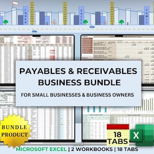 Könnte beinhalten: Ein Computerbildschirm zeigt eine Microsoft Excel-Tabelle mit dem Titel "Payables & Receivables Business Bundle for Small Businesses & Business Owners". Die Tabelle hat 18 Registerkarten und ist ein Bündelprodukt.