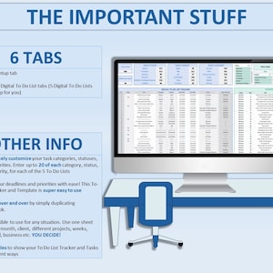 May include: A computer screen displaying a spreadsheet with the title "Digital To Do List Tracker". The spreadsheet is divided into columns with headings such as "Task", "Due Date", "Priority", and "Status". The text "THE IMPORTANT STUFF" is at the top of the image. Below the screen is a blue desk with a blue chair.