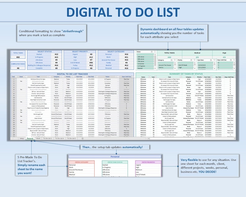 To Do List Tracker Task Planner Excel to Do List Template Productivity Planner Daily Checklist