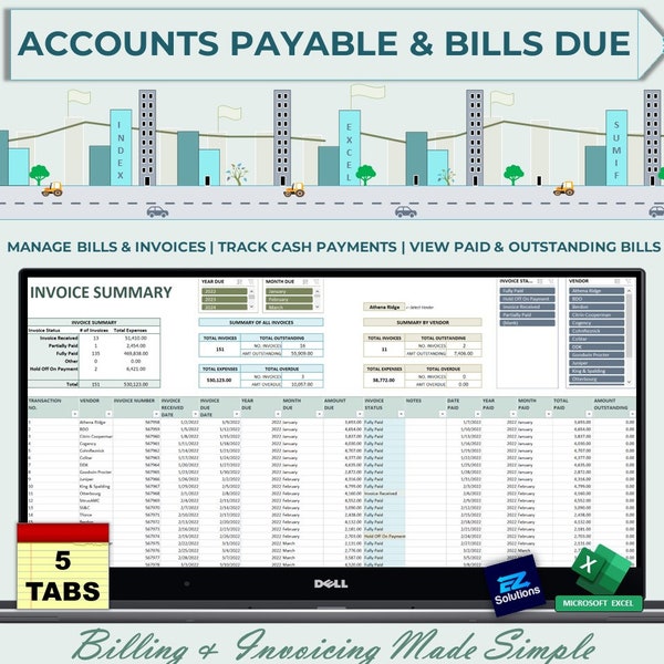 Accounts Payable, Bills Due, & Invoicing Excel Tracker, Cash Payments and Expenses, Client Tracker, Invoice Manager, Small Business