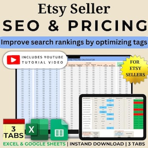 Puede incluir: Una captura de pantalla de una pantalla de computadora que muestra una hoja de cálculo con tres pestañas etiquetadas como "SEO & Pricing Calculator", "Etsy SEO Tags" y "Etsy Pricing Calculator". La hoja de cálculo está diseñada para ayudar a los vendedores de Etsy a optimizar sus listados para los motores de búsqueda. La imagen también incluye un video tutorial de YouTube y una estrella amarilla con el texto "Para vendedores de Etsy".