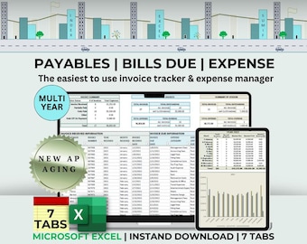 Puede incluir: Una captura de pantalla de una pantalla de ordenador que muestra una hoja de cálculo de Microsoft Excel con el título "Payables | Bills Due | Expense". La hoja de cálculo está diseñada para realizar un seguimiento de las facturas y los gastos. La hoja de cálculo tiene siete pestañas, incluidas "Invoice Received Information", "Invoice Due Information" y "Summary of Expense". La hoja de cálculo está diseñada para utilizarse para el seguimiento multianual. El texto "New AP Aging" está resaltado en un círculo dorado. El texto "7 Tabs" está resaltado en un rectángulo rojo. El texto "X" está resaltado en un rectángulo verde. El texto "Microsoft Excel | Instant Download | 7 Tabs" se muestra en la parte inferior de la pantalla.