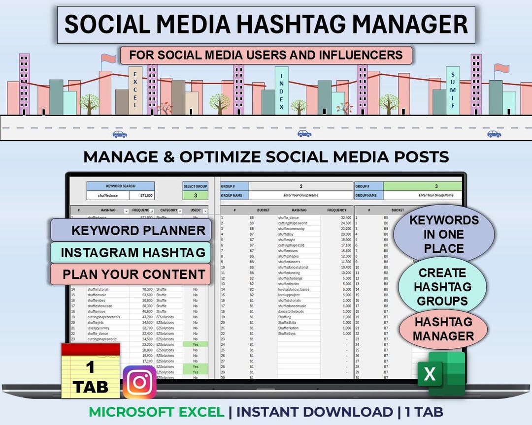 Social Media Excel Hashtag Planner Excel Template Keyword Manager List