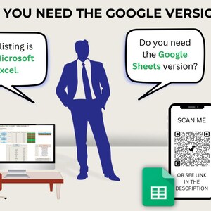 Op de afbeelding: Afbeelding met de tekst "DO YOU NEED THE GOOGLE VERSION?" en tekstballonnen over Microsoft Excel en Google Sheets. Een smartphone toont een QR-code met "SCAN ME" en "OR SEE LINK IN THE DESCRIPTION".