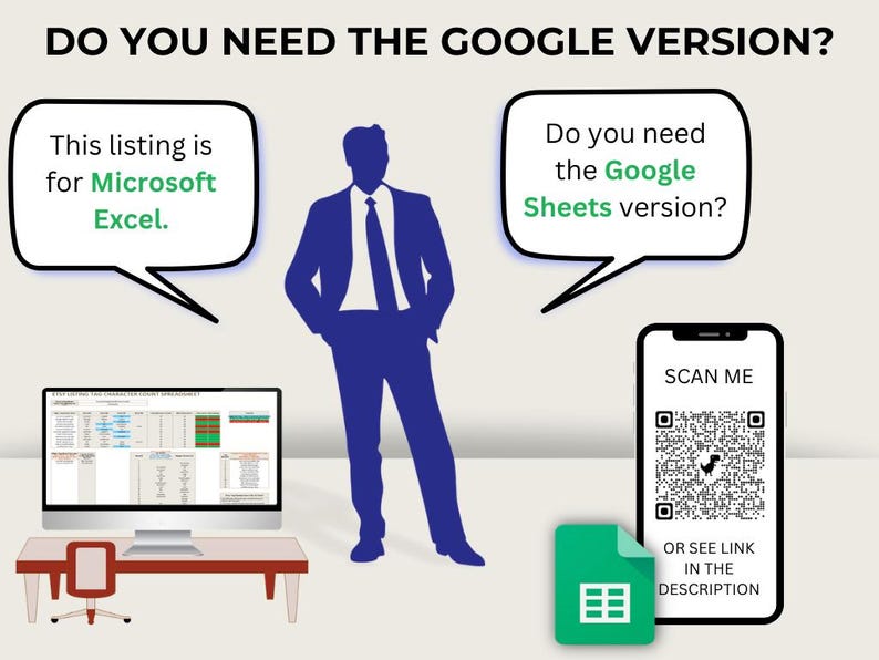 Op de afbeelding: Afbeelding met de tekst "DO YOU NEED THE GOOGLE VERSION?" en tekstballonnen over Microsoft Excel en Google Sheets. Een smartphone toont een QR-code met "SCAN ME" en "OR SEE LINK IN THE DESCRIPTION".