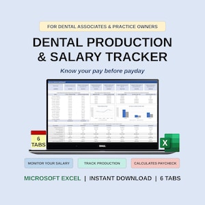 May include: A digital dental production and salary tracker spreadsheet for Microsoft Excel. The screen displays a dashboard with financial data, charts, and tables. Text includes FOR DENTAL ASSOCIATES & PRACTICE OWNERS, DENTAL PRODUCTION & SALARY TRACKER, Know your pay before payday, 6 TABS, MONITOR YOUR SALARY, TRACK PRODUCTION, CALCULATES PAYCHECK, and MICROSOFT EXCEL.
