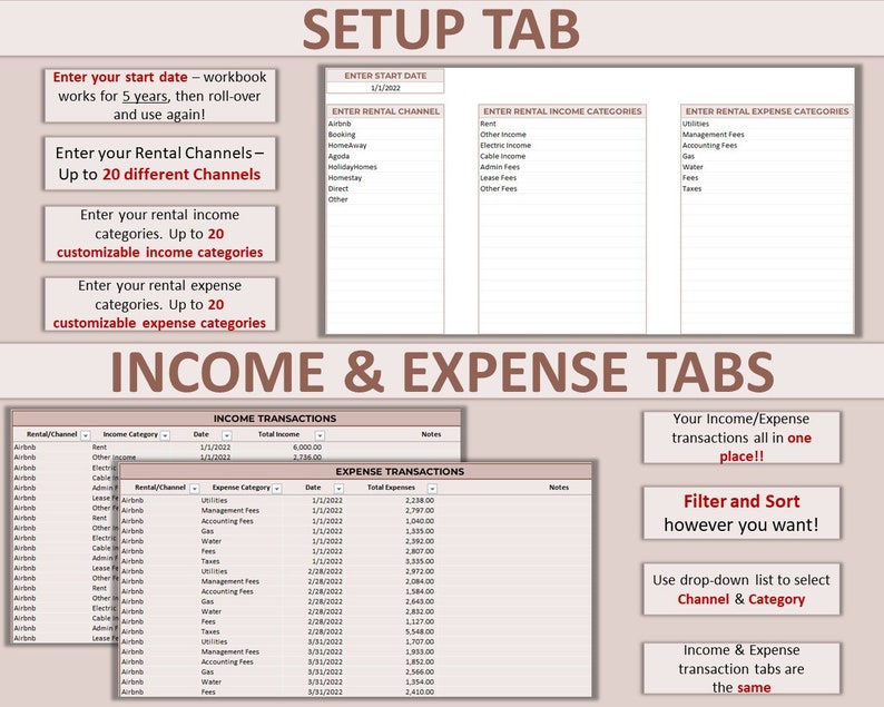 Airbnb Rental & Expense Tracker Microsoft Excel Spreadsheet