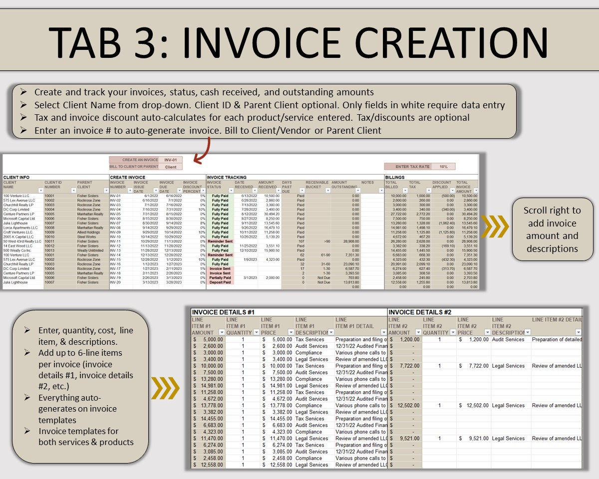 Excel Receivables, Invoicing, & Billing Management, Invoice Tracker