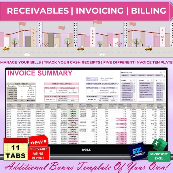 Excel Receivables, Invoicing, & Billing Management, Invoice Tracker Spreadsheet, Client Payments, Cash Receipts, Automated Invoice Template