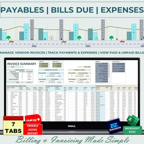 Accounts Payable, Bills Due, & Expenses | Invoice and Cash Payment Template | Client Tracker | Invoice Manager | Small Business Spreadsheet