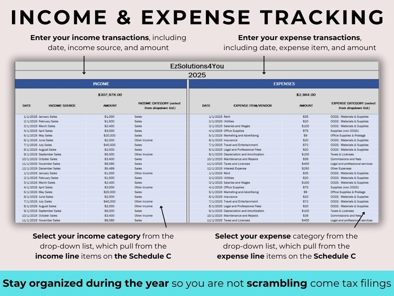 Entering Income Income Tax Return Schedule C Calculator for Excel and Google Sheets ...