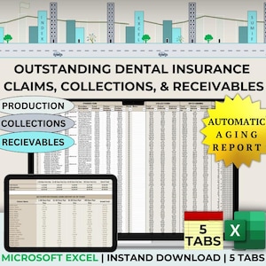 Outstanding Dental Insurance Claims & Accounts Receivable Spreadsheet Patient Tracker for Dental Practice Cash Collections Dental Management