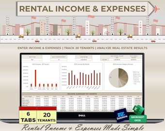 Mieteinnahmen und -kosten, Excel-Liste mit 20 Bewohnern/Immobilien, monatliche Einnahmen und Ausgaben, Mietgewinn und -verlust