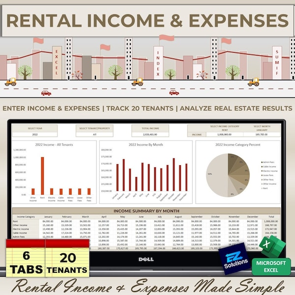Rental Income & Expense Excel Spreadsheet, 20 Tenants/Properties, Real Estate Template, Monthly Revenue and Expense, Rental Profit and Loss
